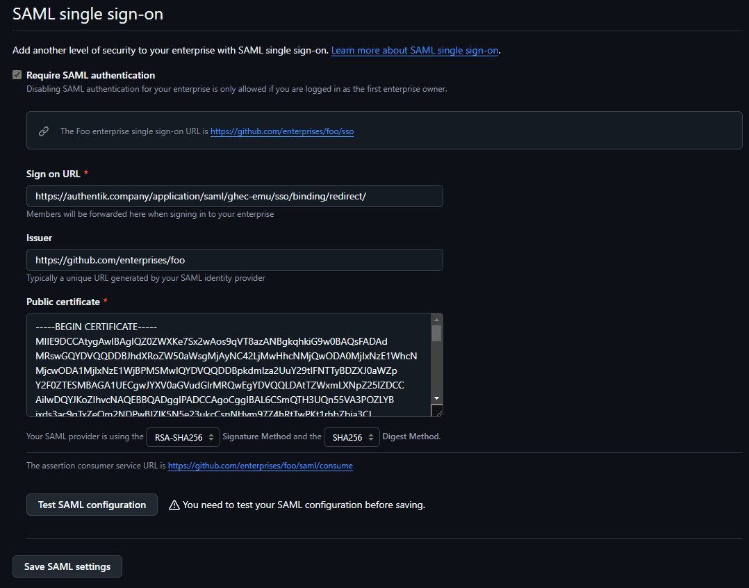 Screenshot showing populated GitHub Enterprise Cloud EMU SAML settings